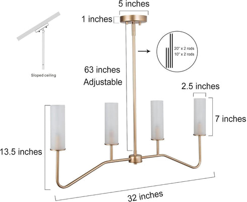 4-Light 32'' Gold Linear Chandelier, Modern Farmhouse Chandeliers Pendant Lights Fixtures with Frosted Glass Shades