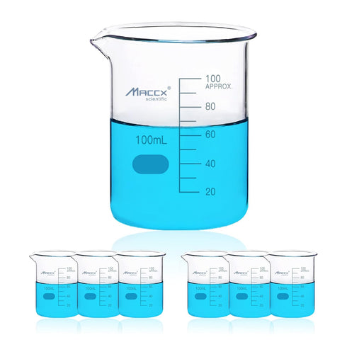 3.4oz(100ml) Sturdy Glass Beaker, 3.3 Borosilicate Griffin Low Form with Printed Graduation, Pack of 6, BKL100-006