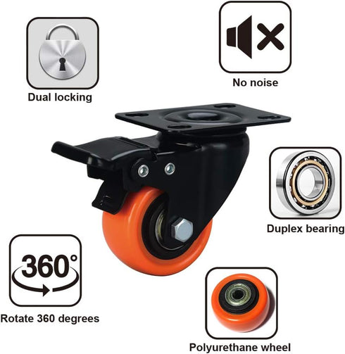 2" Caster Wheels - Orange Polyurethane Castors, Set of 4 Locking Casters for Furniture and Workbench
