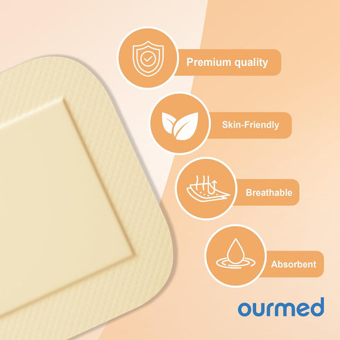 Dressings(6"x 6" 10 Packs) Ourmed Silicone Foam - with Tender Adhesive Border, Sterile Advanced Absorbent Bandage