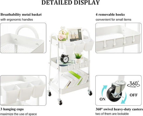 danpinera 3-Tier Rolling Cart, Metal Storage Cart with Lockable Wheels, Mobile Trolley for Kitchen, Bathroom