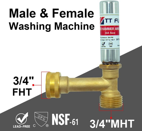 Stainless Steel Water Hammer Arrestor 3/4 Inch Swivel FHT x 3/4 Inch MHT For Washing Machine and garden hose water pipe by TT FLEX