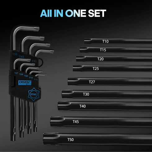 DISEN 9 Pieces Torx Star Allen Wrench Set, Long Arm Star Key Set T10-T50 in Chrome Vanadium Steel