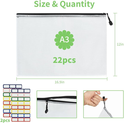 Vuzvuv 22Pcs Large Mesh Zipper Pouch, A3 Size 16.9"x12", Plastic Document Bag with Label Sticker for School Travel