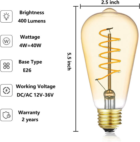12V LED Edison Bulbs 40W Equivalent, Low Voltage 4W Vintage Style Spiral LED Filament Light Bulbs, E26 Medium Base, Warm White 2700K, Antique ST64 Amber Glass Bulb for RV, 3 Pack by SHUWDKAR