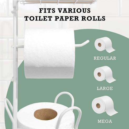 Inspired Living 3 Toilet Paper Holder Stand with Phone or Wipes Bamboo Shelf, Durable Free Standing Toilet Tissue Roll