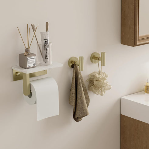 304 BWE Brushed Gold Toilet Paper Holder with Marble Shelf, Toilet Paper Roll Holder Wall Mounted, Toilet Paper Roll