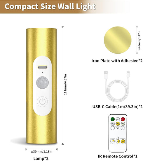 3 Bedroom,Picture,LED,Gold,2 Pack WOBSION Motion Sensor Wall Light with Remote Control, Rechargeable Wireless Wall