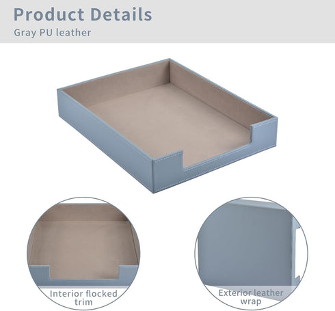 Leather Letter Tray, Stackable File Document Tray, Desk Organizer for A4 Paper, Grey Desktop Storage