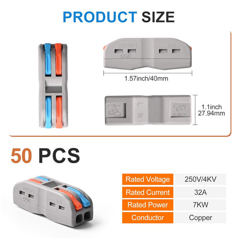 Wire Connectors Nuts,50pcs 2 Conductor Compact Splicing Wire Connectors, 2 in 2 Out Lever Wire Nut Electrical Connectors, 2 Circuit Inline Splices 28-12 AWG, SPL-2