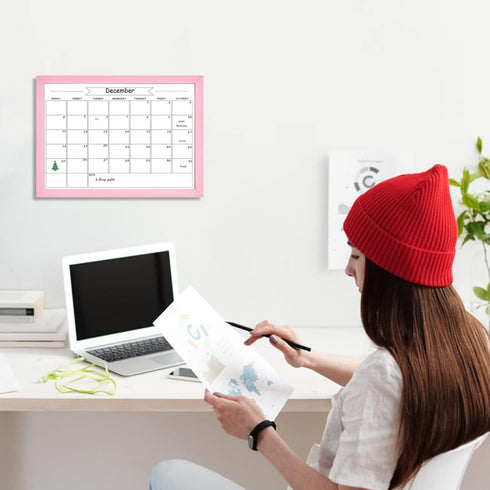 Dry Erase Monthly Calendar Board, Magnetic Whiteboard for Wall, Office/School/Home, Solid Wood Pink Frame Hanging Board