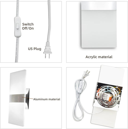10W 6000K 6FT/180cm (1 Pack) KICAAO Wall Sconces, Modern Wall Sconce Plug in Cool White Acrylic Wall Lights with Plug