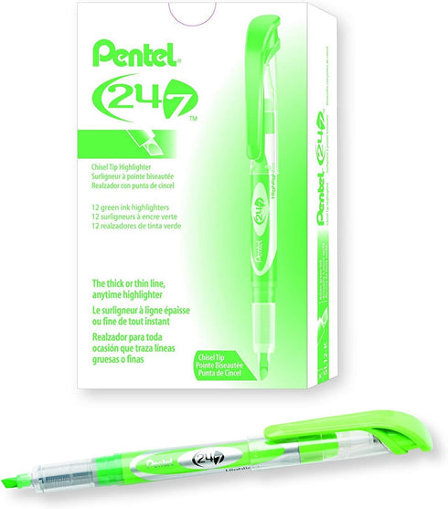 Pentel 24/7 Chisel Tip Liquid Highlighter, Light Green Ink, Box of 12