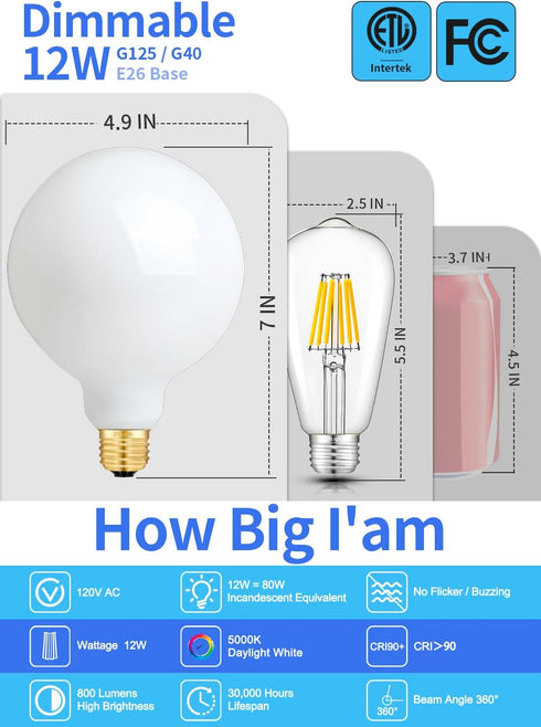 5-inch 12W 5000K Dimmable Bulb, G125 G40 80W 800LM, E26 5 Inch Dimming CRLight Opal Daylight Large Globe LED /