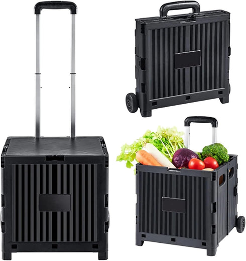 Generic 80 lbs 2 Foldable Utility Cart, Portable Collapsible Rolling Crate with Durable Heavy Duty Telescoping Handle