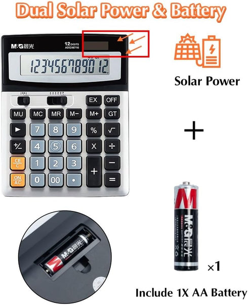 M&G Desk Calculator, 12 Digit Extra Large LCD Display, Dual Solar Power and Battery for Office Home School