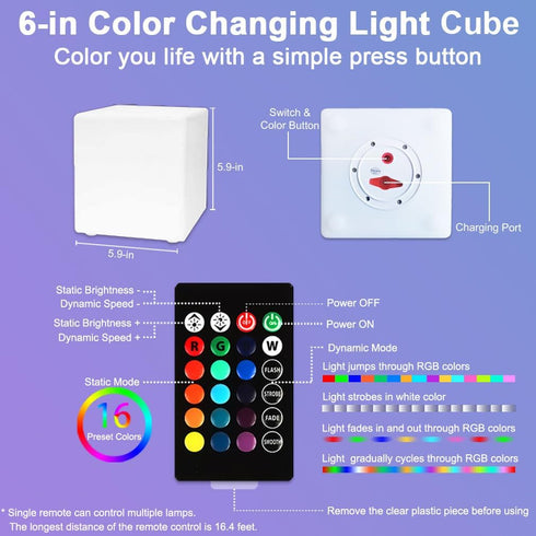 BALMOST 6-in Dimmable 16 4 LED Cube Night Light, Rechargeable LED Light Cube w/Remote, RGB Color Changing Modes Light