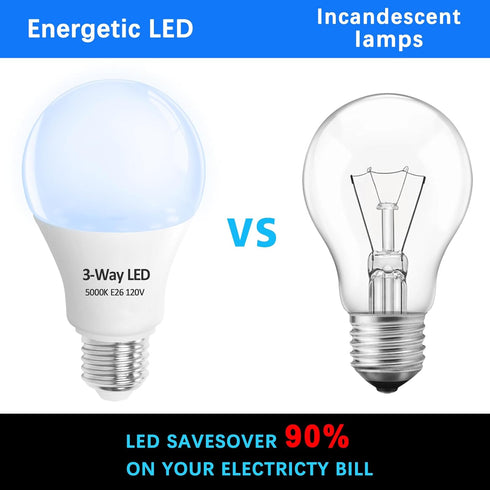 2 Pack 3 Way LED Light Bulbs, 30 70 100 Watt Equivalent, Daylight 5000K A19 E26, Indoor 3-Way Light Bulbs for Reading