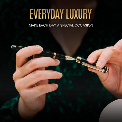 Scriveiner Black Lacquer Rollerball Pen, Luxury Pen with 24K Gold Finish, Schmidt Ink Refill, Best Gift Set for Men
