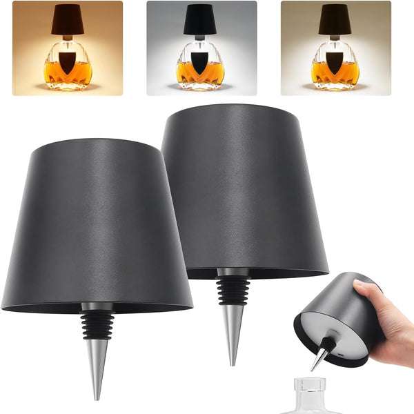 2PCS Wireless Bottle Lamp,Metal Wine Bottle Light with 3 Color Light Dimming,