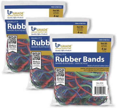 Upgrade Office Supply UPG22754A Rubber Bands, Size #54 Assorted Sizes in Red, Blue, and Green, 12 Ounce Bag
