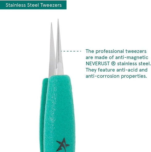 Excelta Very Fine Point Tweezers, Straight Ergonomic, Anti-Magnetic Stainless Steel, 0.5" Height, 5.25" Length
