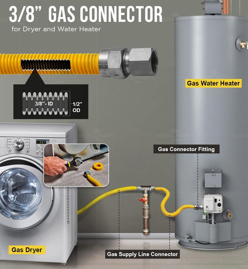 Gas Connector Kit, 48 inch Yellow Coated Stainless Steel, 5/8 OD Flexible Hose