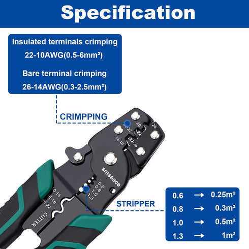 Tnisesm Wire Crimping Tool 26-10 AWG, Crimping Pliers with Stripper Cutter for Open Barrel Terminals