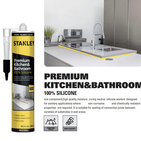 Stanley Premium Kitchen & Bathroom 100% Silicone Caulk - 1x 10.1 fl.oz. White- Low Odor, UV Protection, Waterproof Sealant and Adhesive for Kitchen and Bathroom, Window & Door and Glazing, 1 Pack