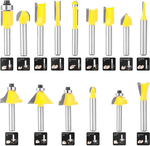 BoooRen Tool 15Pieces Set 1/4 Inch Boren Router Bits Shank Woodwork Toolsfor Doors for Beginners Woodwork