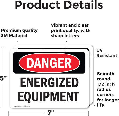 (2 Pack) Energized Equipment OSHA Danger Sign, 7 Inch X 5 Inch Vinyl Label Decal, Weather Resistant