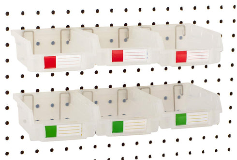 Pegboard Bins - 3.5" Clear Bins, 6 Pack - Hooks to Any Peg Board for Organizing Hardware, Accessories, Craft Supplies