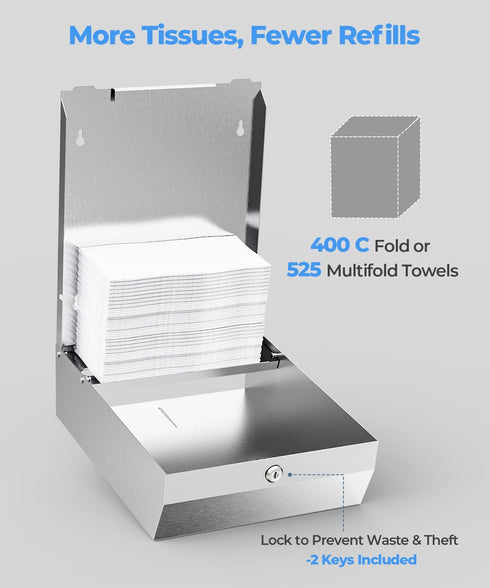 Commercial Paper Towel Dispenser Wall Mount, Brushed Stainless Steel Paper Towel Holder with Lock for Multifold/Trifold