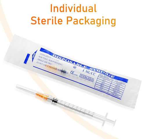 1ml Disposable Luer Lock Syringes with 25G 1 Inch Needle, Individual Package - Pack of 20