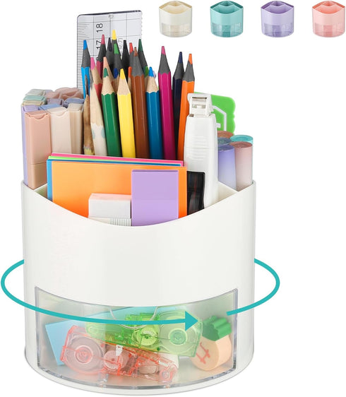 Desk Pen Pencil Holder with Drawer, 4 Slots 360-Degree Rotating Organizer, White Storage Caddy for Office School Home