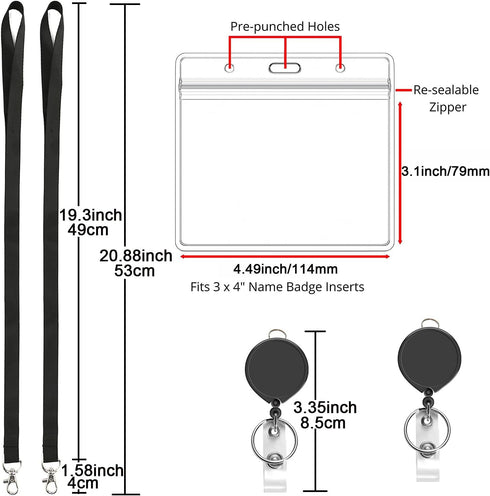 YOUOWO Black Lanyard with Horizontal ID Badge Holder 4x3 and Retractable Badge Reel, 2 Pack