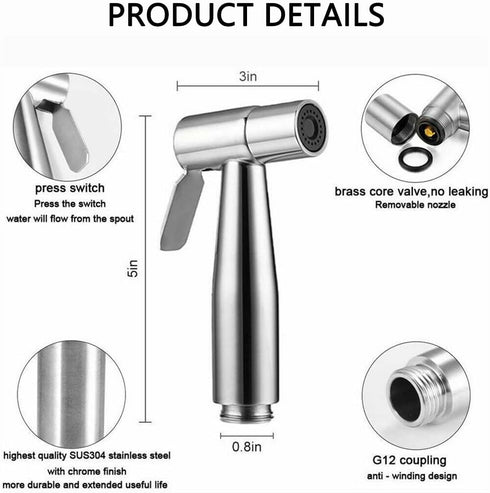 BlitzBite 304 Handheld Bidet Sprayer,Toilet or Wall Mounted leaking Hose, Multi-function Shower Stainless Steel