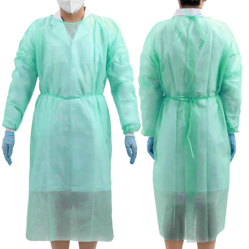 JMU 10 Pcs Disposable Isolation Gowns Green, Polypropylene Medical Gowns with Knitted