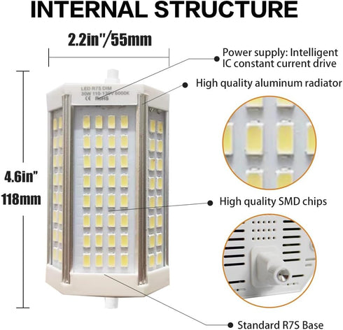 Tsunetani R7S Dimmable J118 118mm Bulb 30W Bulb 6000k (300W J118 T3 Bulb 3000LM LED J-Type Light Halogen Replacement)
