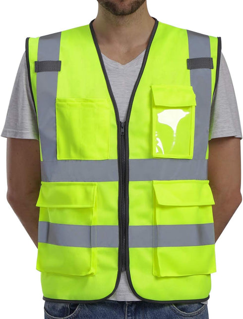 High Visibility Vest with Pockets and Zipper, ANSI Class 2 Reflective Construction Work Vest, Hi Vis Yellow M