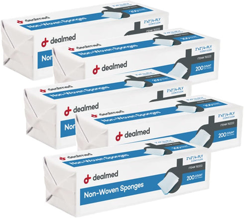 Dealmed 2" x 2" Non-Woven Gauze Sponges (200 Count) 4-Ply All-Purpose Non-Sterile