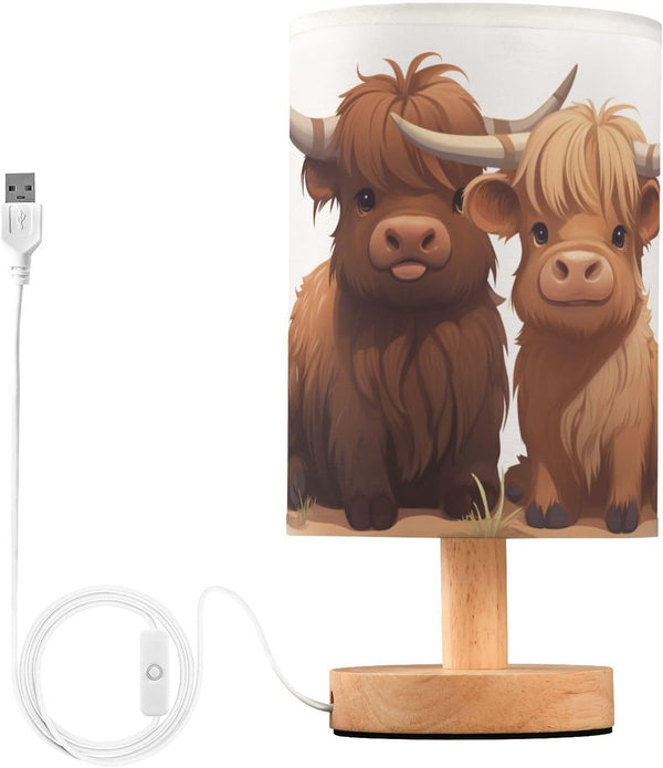 Oarencol Bedside Table Lamp Fun Highland Cow Animal Nightstand Lamp with Wood Desk