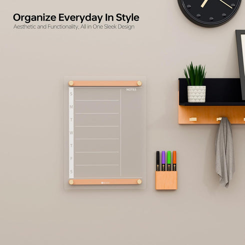 Clear Glass Weekly Dry Erase Calendar Whiteboard, 15x11" Menu & Meal Planner for Home Kitchen, Wood Marker Holder and 4