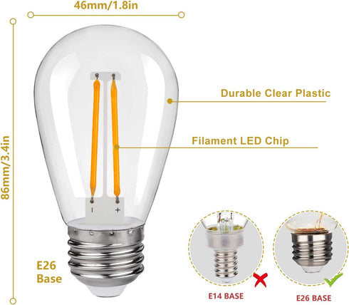 25Pack S14 LED Replacement Light Bulbs, Shatterproof Outdoor String Plastic Light Bulbs, 2W Equivalent 20W, E26 Base, 2200K Warm White LED Vintage Light Bulbs, Non-Dimmable by RuiAoTD