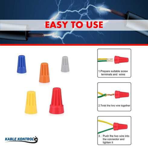 Kable Kontrol Wire Connectors for Electrical Wires 16-12 AWG, 100 Pcs, Winged Wire Caps