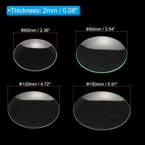 PATIKIL 60/90/120/150mm Diameter Watch Glass, 1 Set Beaker Cover Smooth Edges Chamfered Arc for Laboratory, Transparent