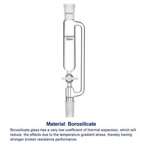 50ml Pressure Equalizing Addition Funnel, Borosilicate Glass Dropping Funnel 24/40 Joint with PTFE Stopcock for Lab