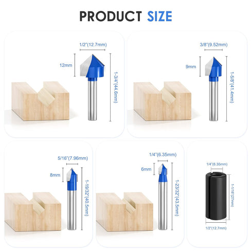Wingsflee 1/4 Inch 90 Set 8 (1/4" 1") Shank Degree V Groove Router Bit - Sizes to Solid Carbide Double Flute for CNC