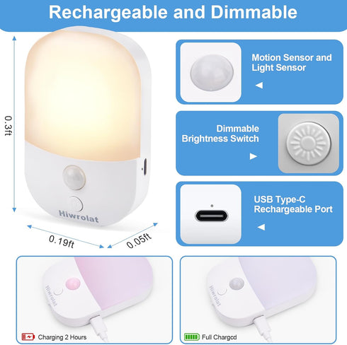 Hiwrolat Dimmable 2 Pack Motion Sensor Night Light, LED Warm White Type-C Rechargeable Battery, for Hallway, Bathroom