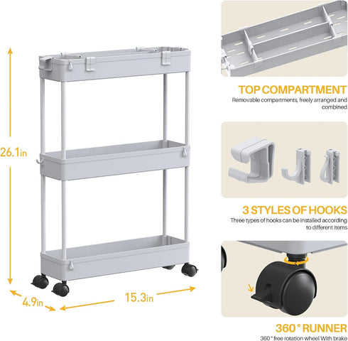 SPACELEAD 3 Tier Slim Rolling Storage Cart - Mobile Utility Organizer Trolley for Bathroom, Office, Kitchen, Grey